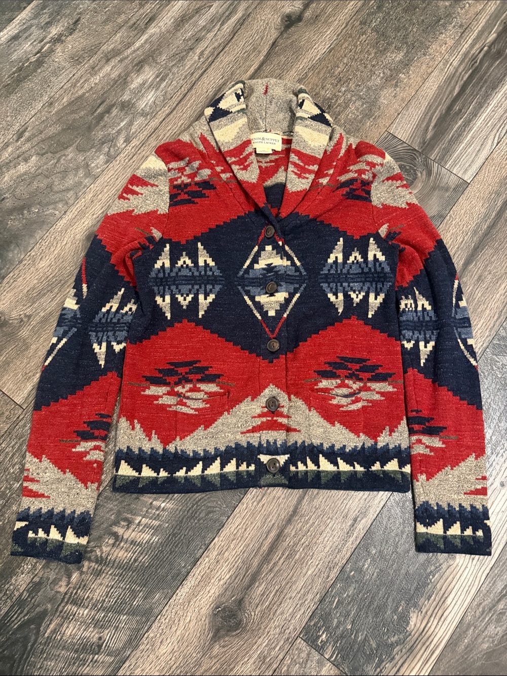 Denim & Supply Ralph Lauren Red, Navy & Cream Southwestern Shawl Collar Cardigan